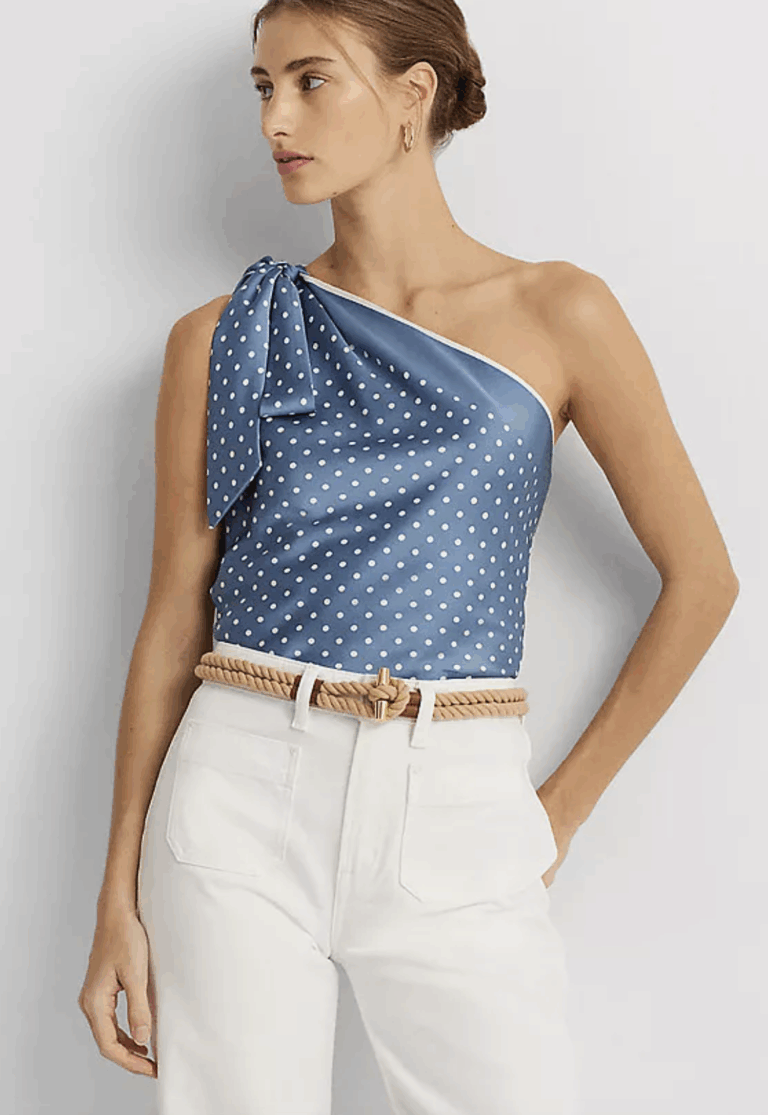 my recent spring and summer must haves, woman wearing silk blouson light blue with white polka dots