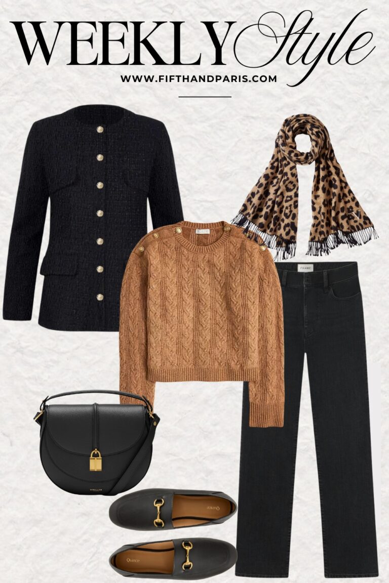 weekly style, French style, Parisian style, black coat with gold buttons, camel sweater with gold buttons, leopard scarf, black handbag, gucci loafers, frame le slim denim