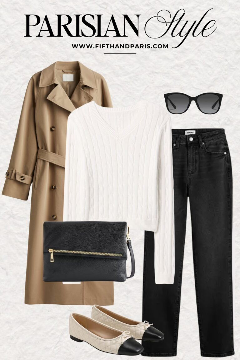 weekly style, French style, Parisian style, trench coat, cable knit sweater, black rinse denim, quilted ballet flats, crossbody bag, black sunglasses