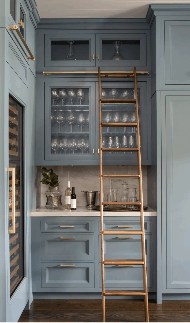 How to Set up A Home Bar French Style, french blue wine pantry, fench blue home bar, french inspired home bar