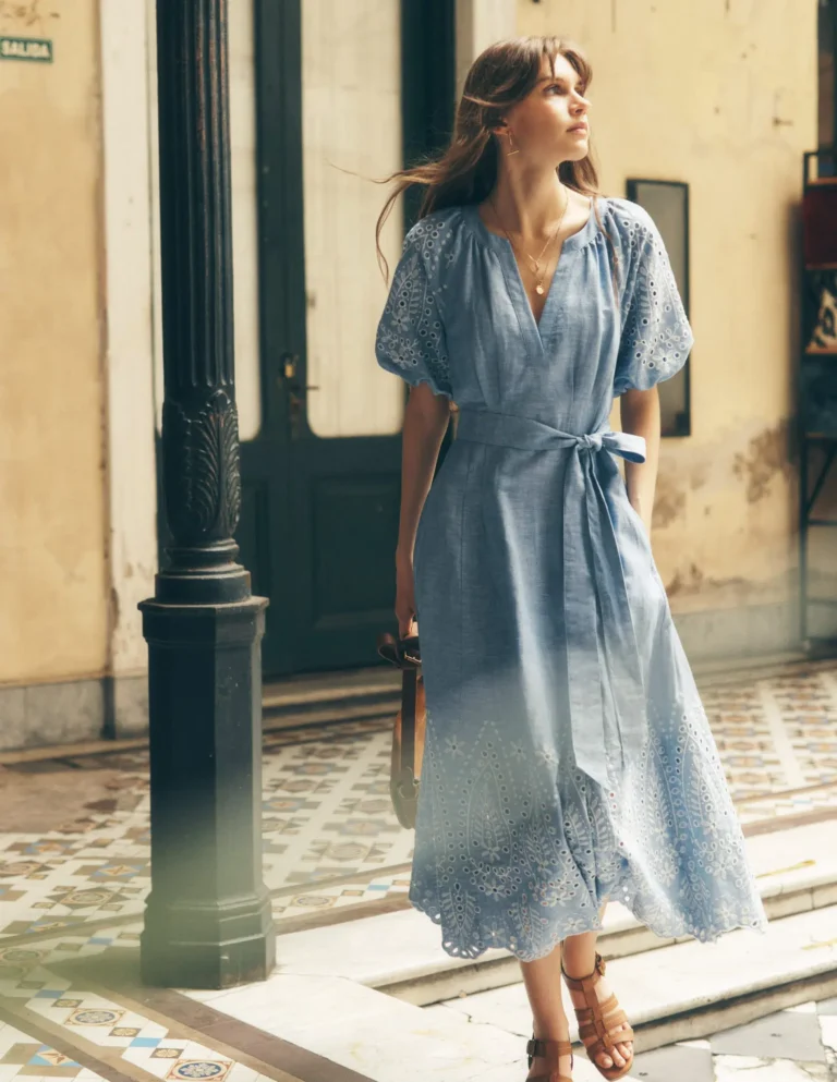 what to wear in paris in june Boden Puff Sleeve Embroidered Dress Grey Blue Chambray