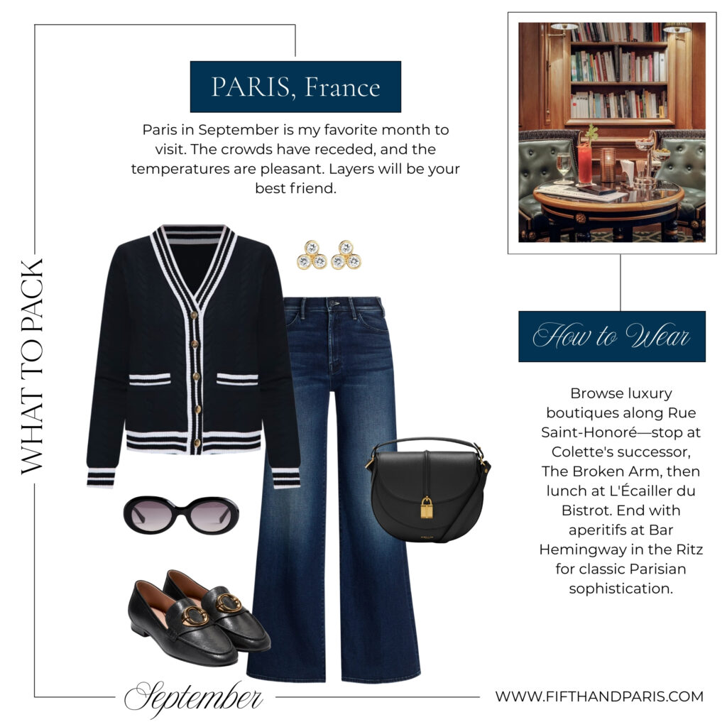 What to wear in Paris September outfit with black cardigan wide leg jeans black loafers sunglasses and handbag for luxury shopping