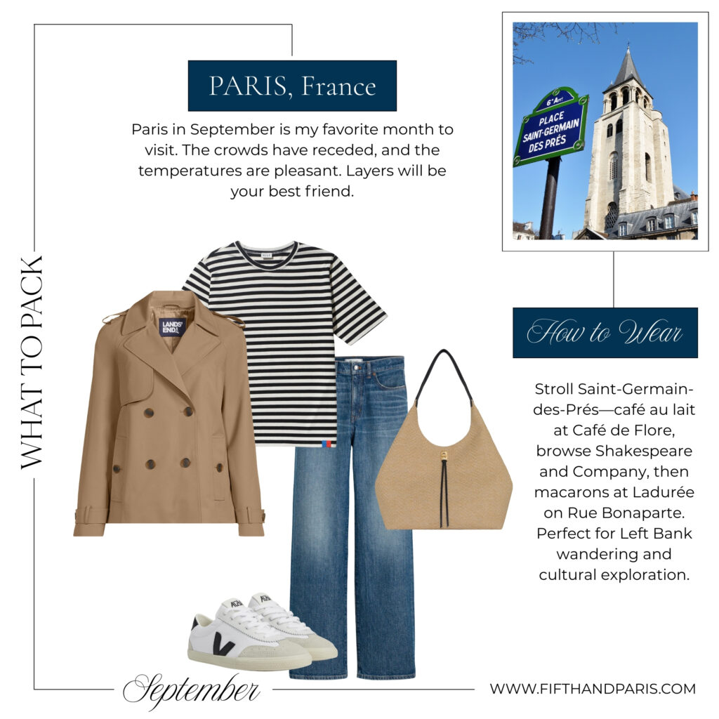 What to wear in Paris casual outfit with beige trench coat striped tee straight leg jeans white sneakers and tan tote bag