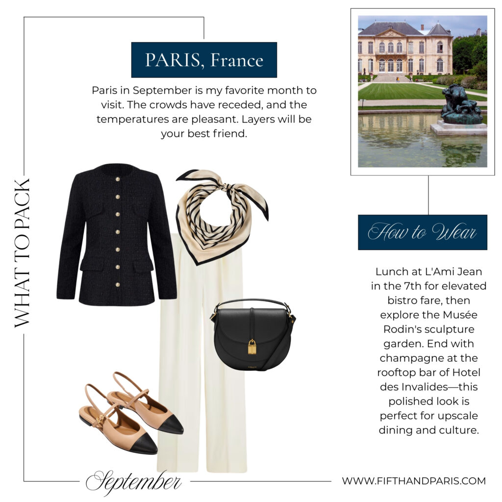 What to wear in Paris elegant outfit with black blazer cream trousers silk scarf slingback shoes and structured handbag