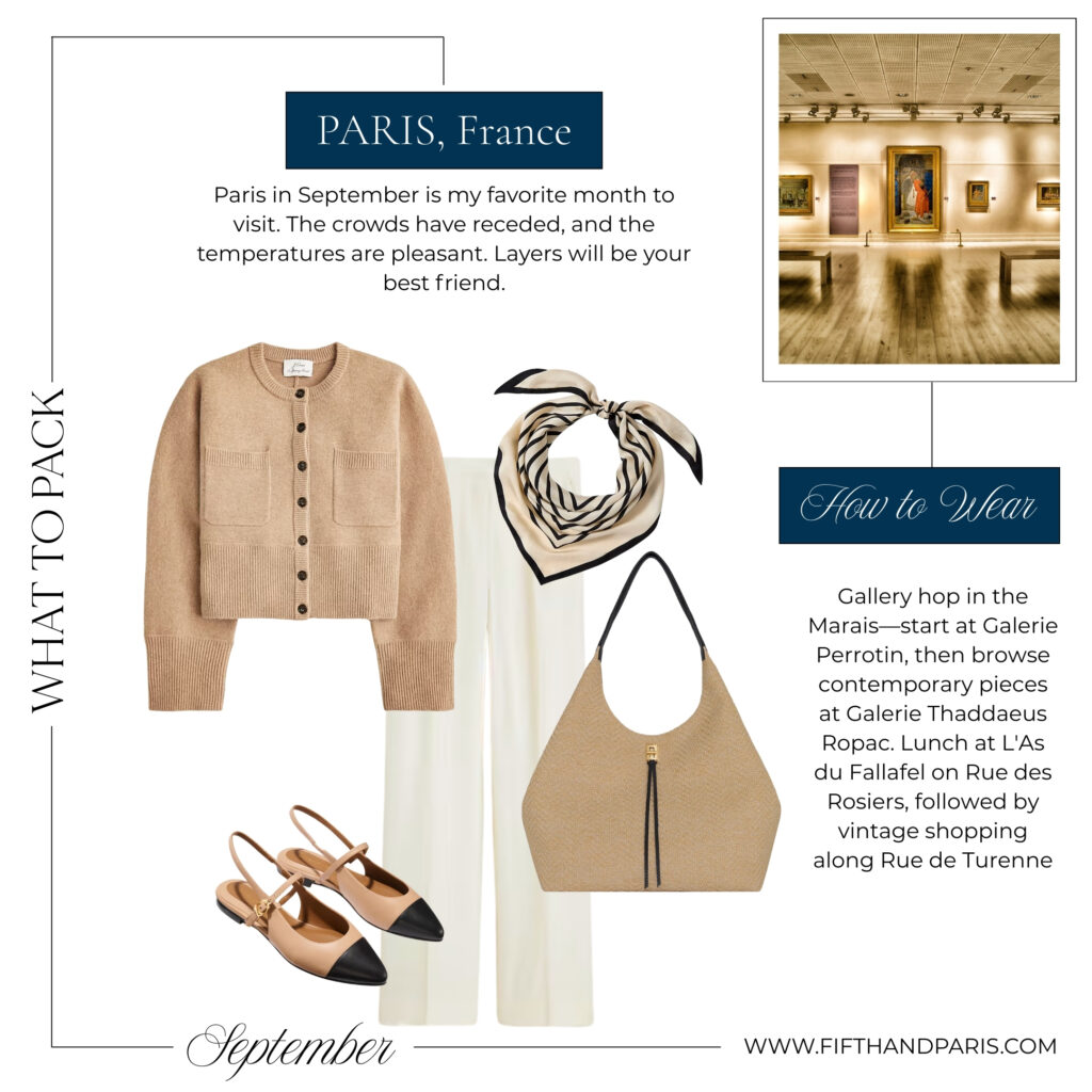 What to wear in Paris art gallery outfit with beige cardigan cream trousers silk scarf tan tote and slingback shoes
