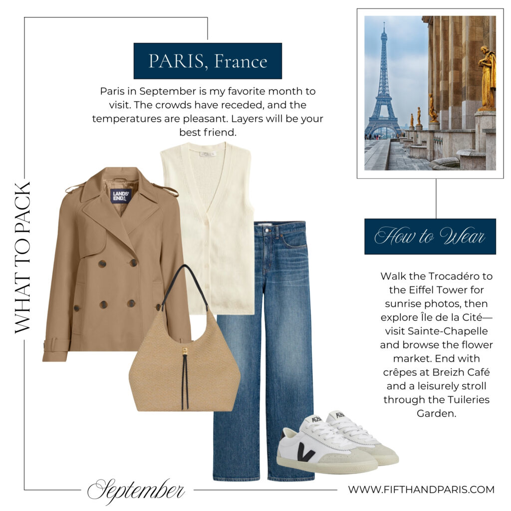 What to wear in Paris sightseeing outfit with camel trench coat cream vest straight jeans white sneakers and tote bag