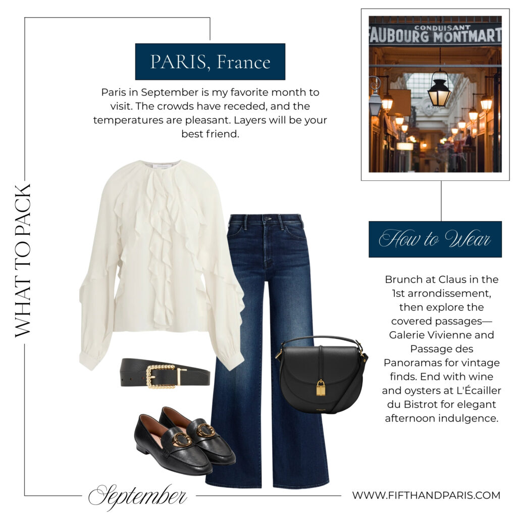 What to wear in Paris elegant outfit with white ruffle blouse straight jeans black loafers belt and handbag