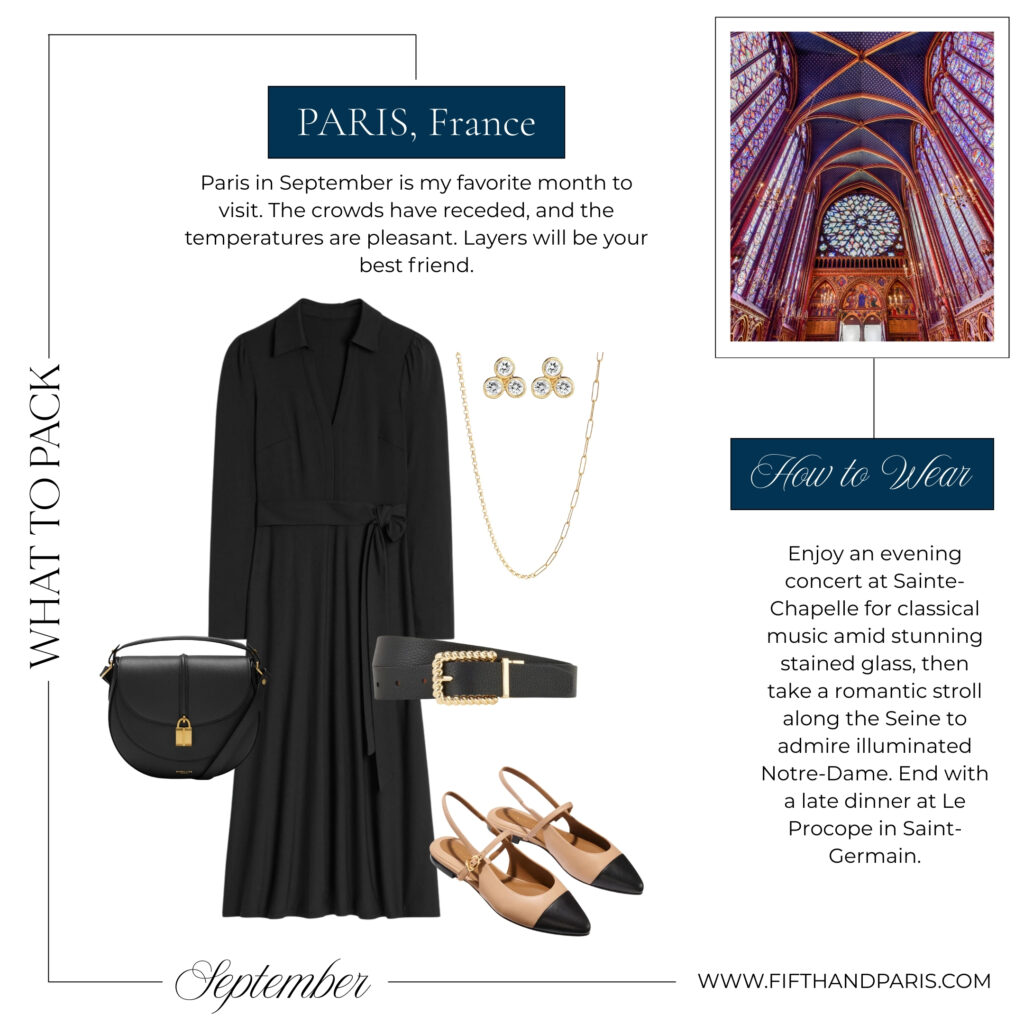 What to wear in Paris evening outfit with black wrap dress gold necklace diamond earrings slingback shoes and handbag
