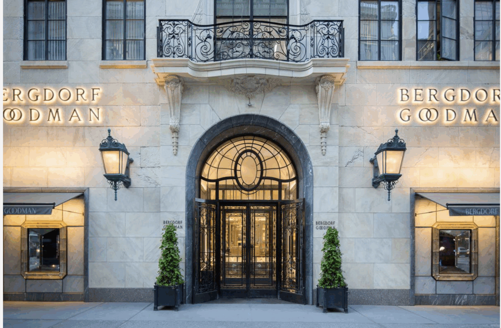 Exterior view of Bergdorf Goodman at dusk, Bergdorf Goodman entrance