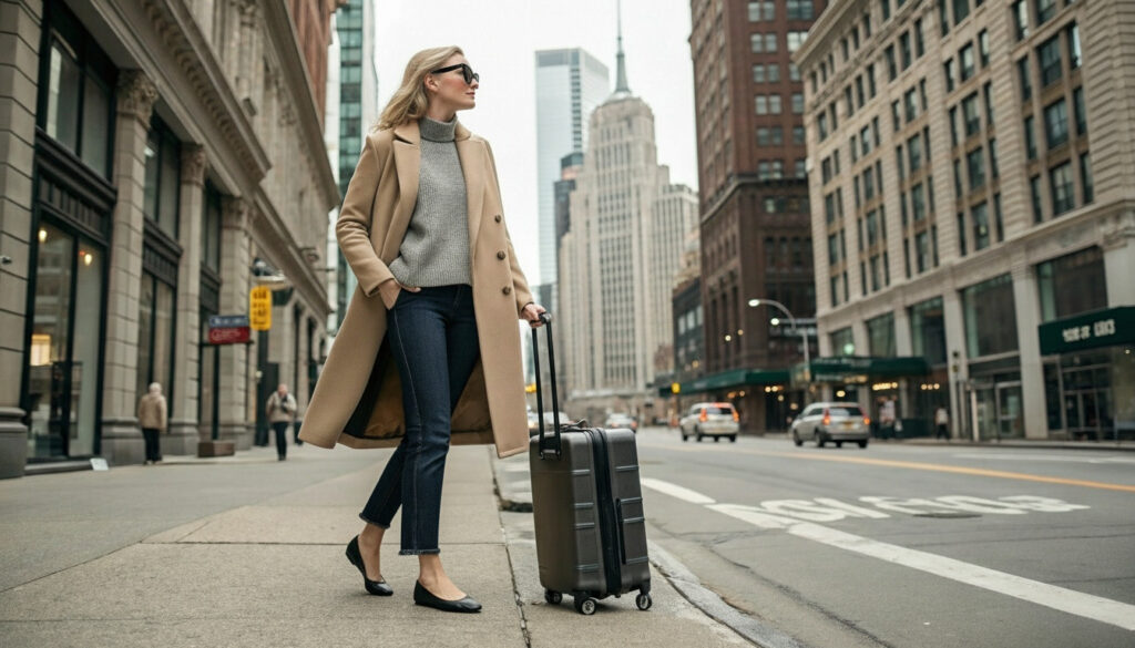 Travel outfits for women over 40 — black blazer, striped top, jeans, and ballet flats styled as chic French fashion airport look with carry-on luggage.