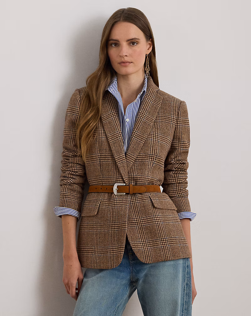 Glen plaid Ralph Lauren twill blazer styled for women over 40 — what to wear for fall outfits, French fashion style inspiration.