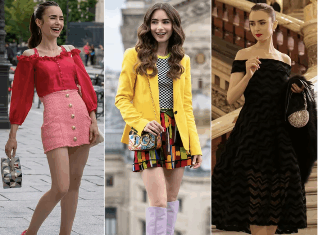 French girl style, emily in paris showing three differnt outfits taht are not true clasic parisian style