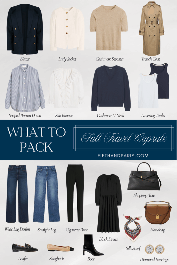 Fall travel capsule wardrobe for New York City featuring classic staples: navy blazer, cream lady jacket, beige cashmere sweater, trench coat, striped button-down, silk blouse, navy cashmere v-neck, layering tanks, wide-leg denim, straight-leg jeans, cigarette pants, black dress, loafers, slingback flats, ankle boots, shopping tote, crossbody handbag, silk scarf, and diamond earrings.