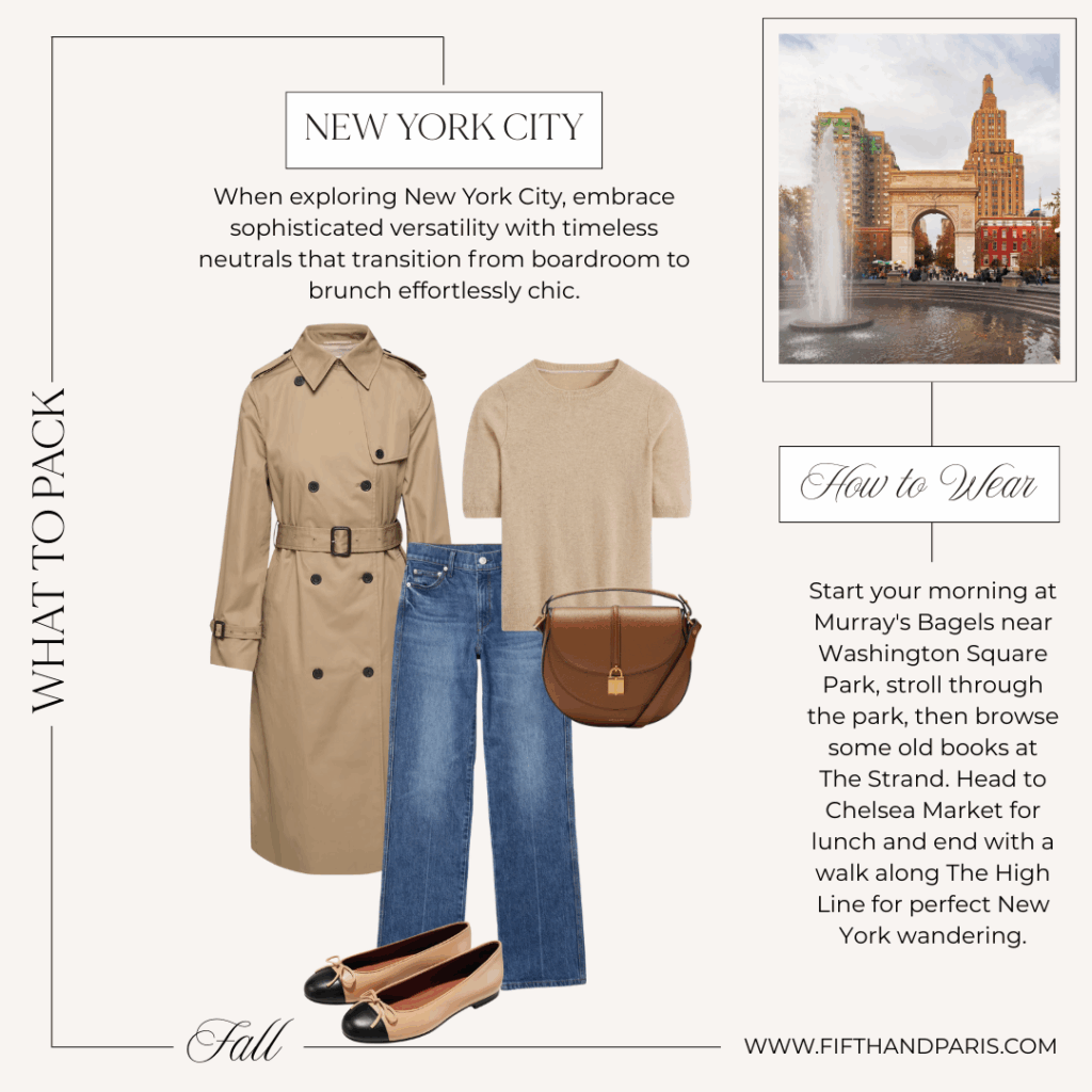 what to wear in nyc, Classic fall outfit for New York City: beige trench coat, cashmere sweater, straight-leg jeans, two-tone ballet flats, and a crossbody bag.