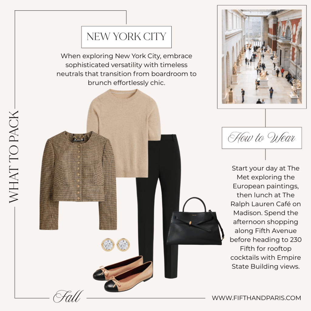 what to wear in nyc, Chic New York fall outfit with a tweed jacket, camel cashmere sweater, slim black trousers, Gucci-style loafers, and a black top-handle bag.