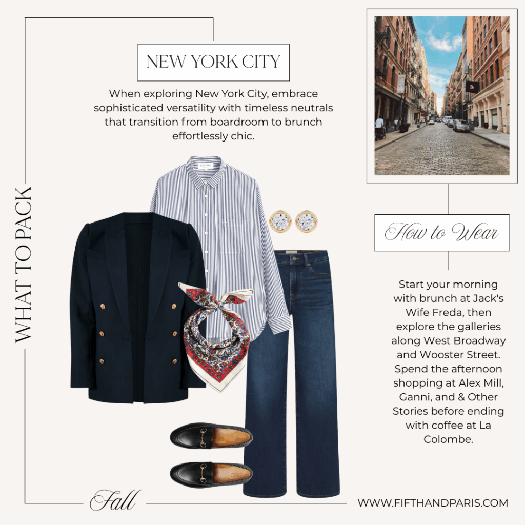 New York fall outfit idea with a navy blazer, striped button-down shirt, silk scarf, straight-leg jeans, and black leather loafers.