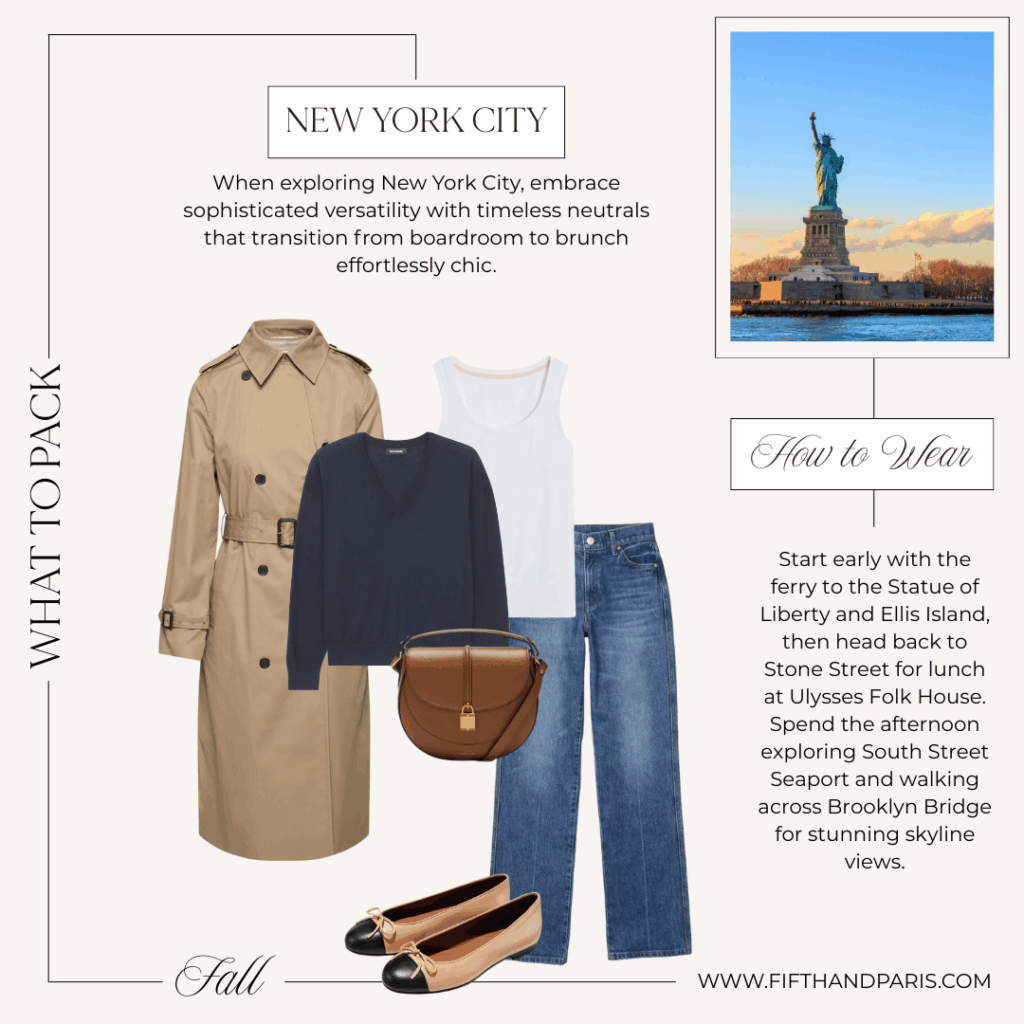 Layered fall look for New York City with a trench coat, navy v-neck sweater over a tank top, blue jeans, ballet flats, and a saddle bag.