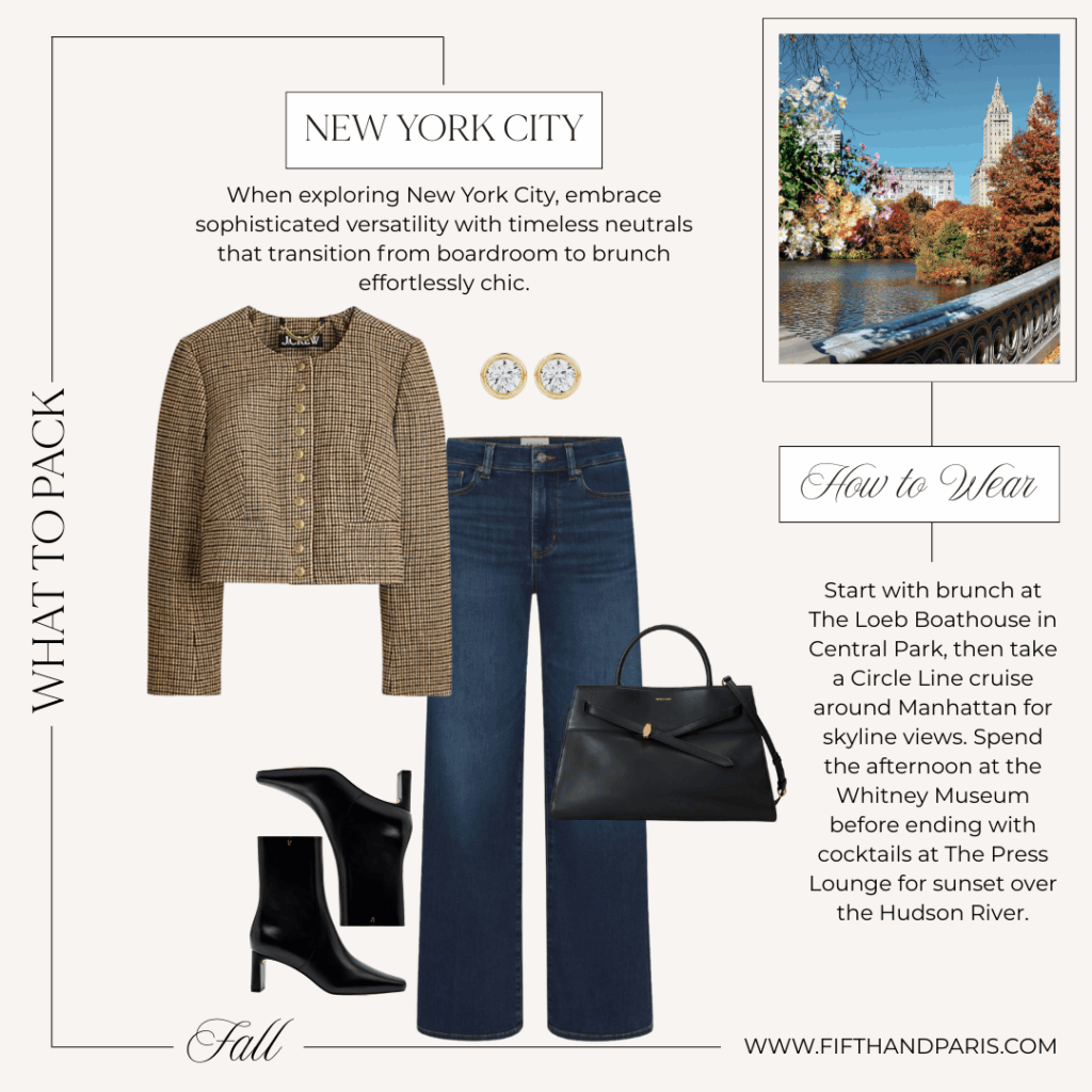 Fall New York outfit with a cropped tweed jacket, dark-wash jeans, black ankle boots, and a structured leather handbag.