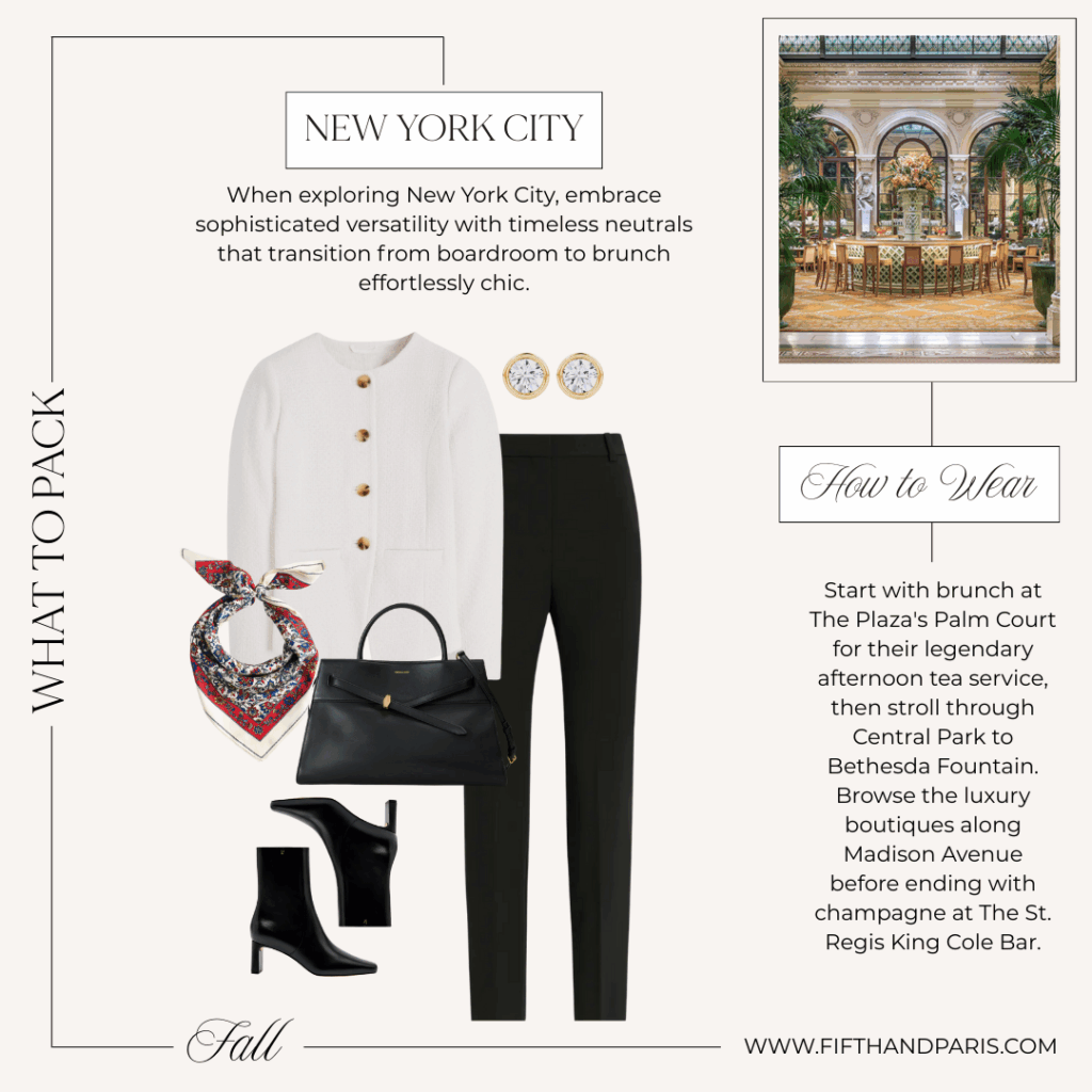 what to wear in nyc, Elegant fall outfit for New York City featuring a white boucle jacket, printed silk scarf, slim black trousers, heeled ankle boots, and a black handbag.