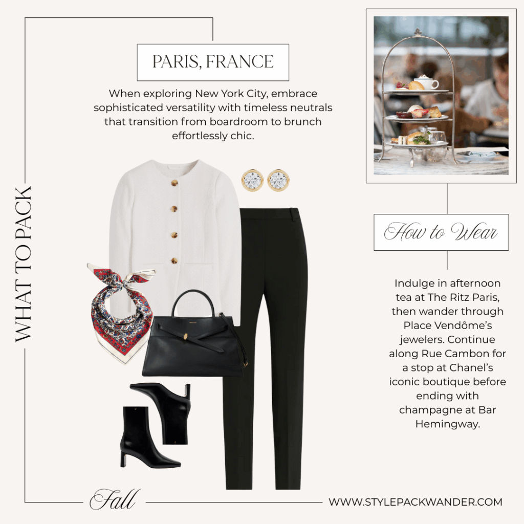 Refined Parisian outfit idea for what to wear in Paris this fall — white jacket styled with black trousers, silk scarf, structured bag, and ankle boots.