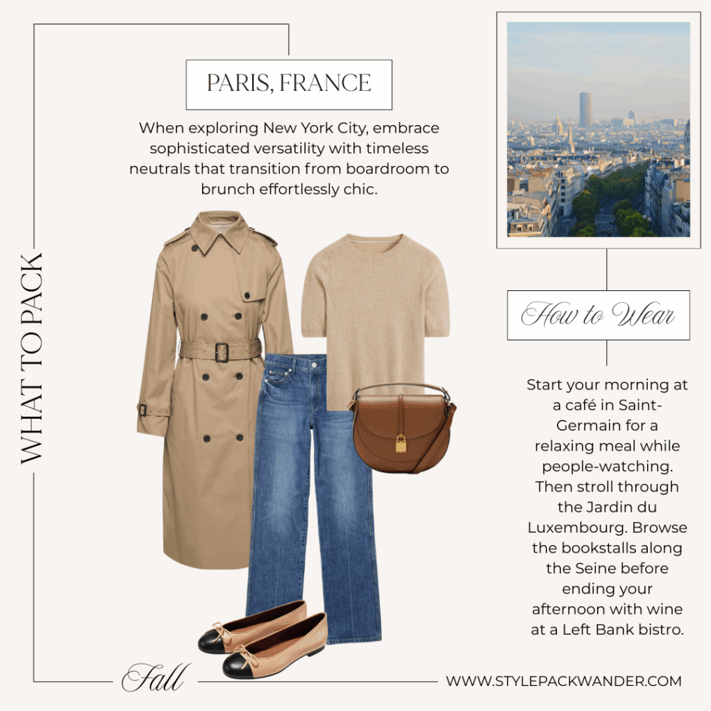 Outfit inspiration for what to wear in Paris this fall — classic camel trench coat styled with neutral sweater, straight-leg jeans, and ballet flats.