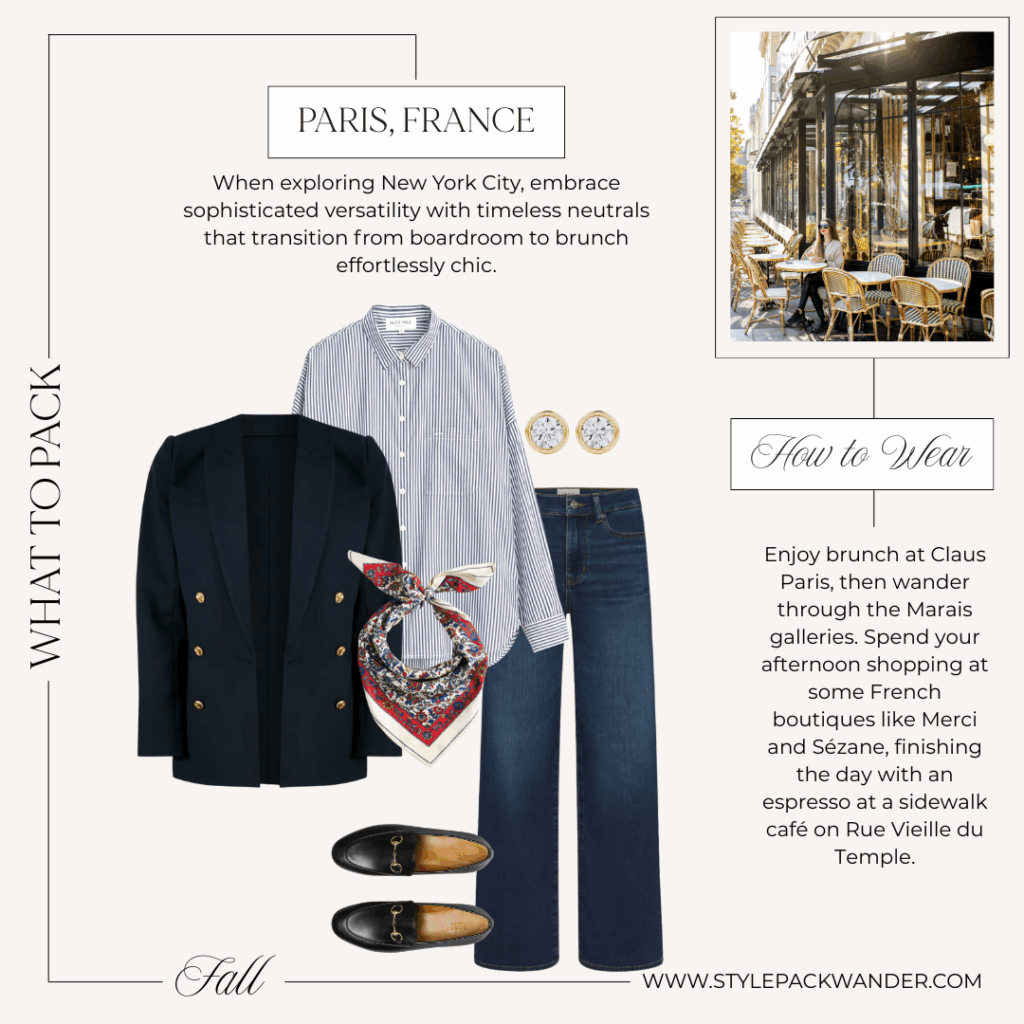 Parisian style idea for what to wear in Paris this fall — navy blazer with striped shirt, silk scarf, denim, and loafers.