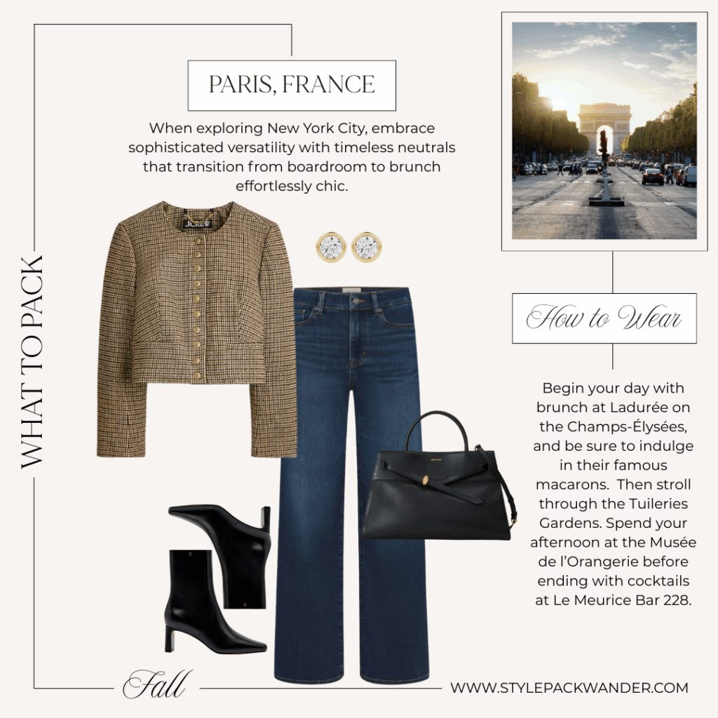 Elegant outfit idea for what to wear in Paris this fall — tweed jacket paired with a neutral sweater, straight-leg jeans, and ankle boots.