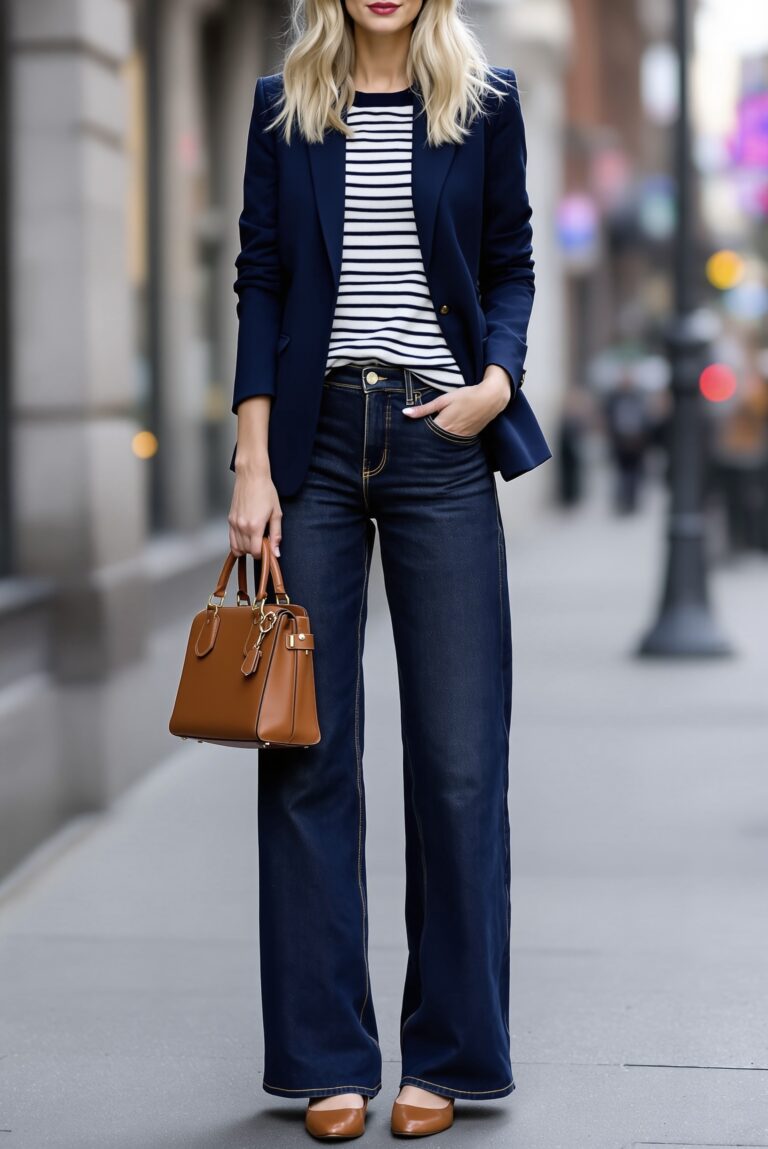 what to wear in nyc, what to wear in nyc this october, what to wear in nyc in fall, woman in dark wash high rise denim, a striped tee, holding a cognac tote, wearing ballet falts